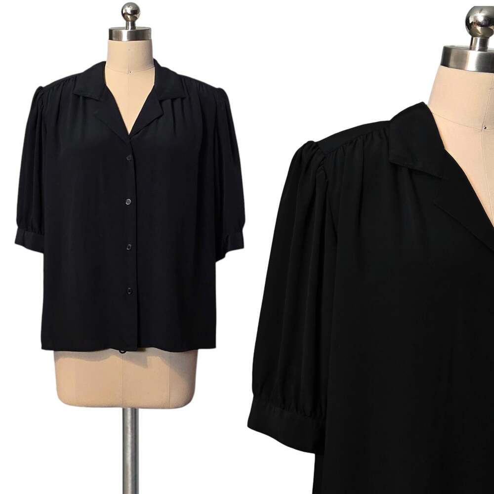 Vintage 80's 90's Flowy Black Short Sleeve Button Up Blouse Top L XL